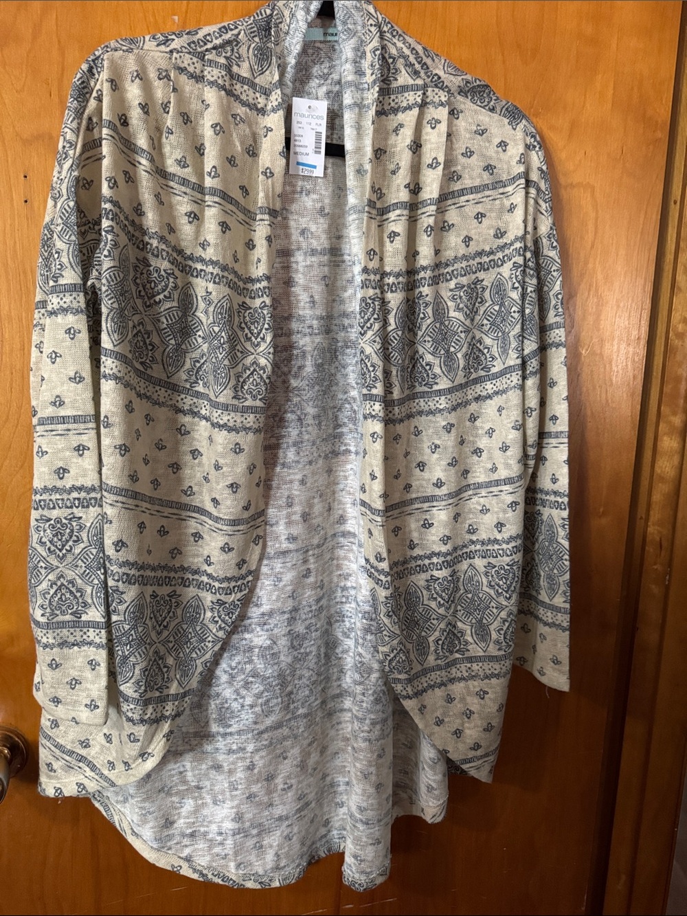 Maurices Cream and Gray Patterned Open Cardigan